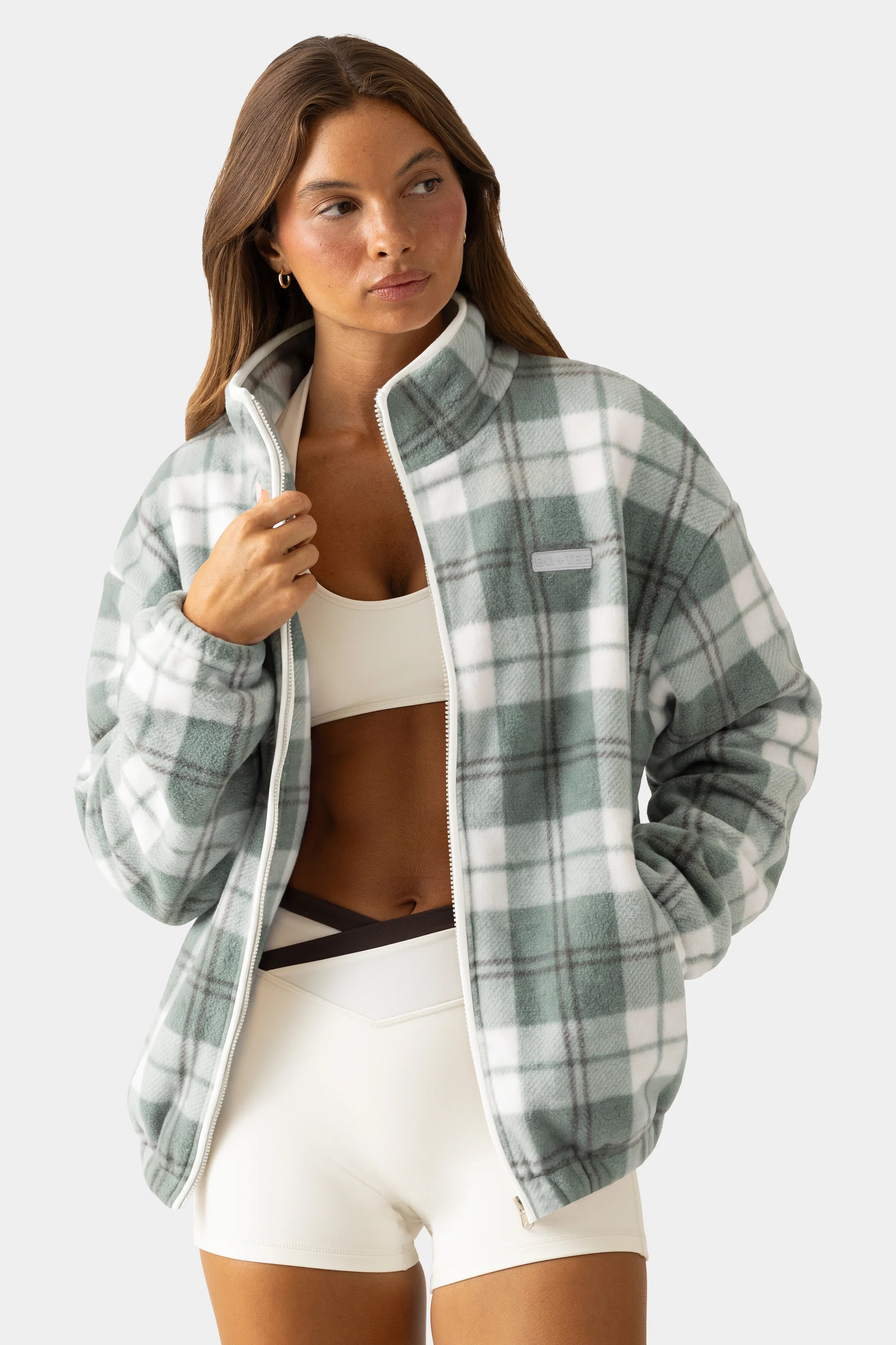 Oversized Zip-Up Fleece in Matcha Plaid | Bo+Tee