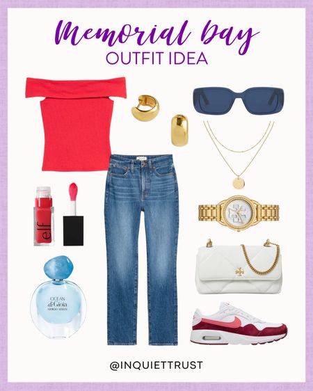 Check out this cute yet casual outfit for Memorial Day: a red off-shoulder top, denim jeans, comfy sneakers, a white purse, and more!
#everdayfashion #beautyfavorites #casualstyle #redandwhite

#LTKSeasonal #LTKShoeCrush #LTKStyleTip