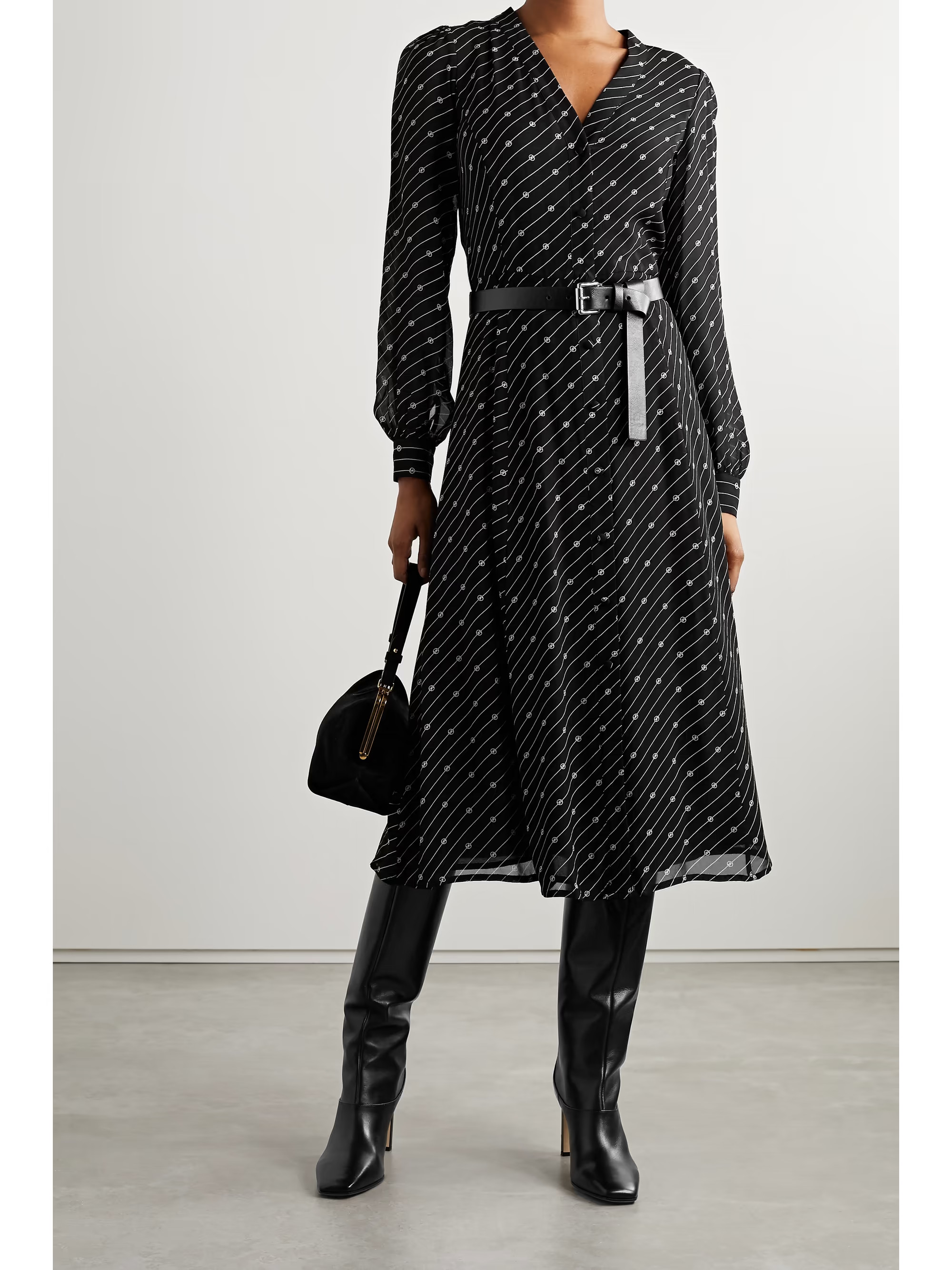Black Kate belted printed crepe midi dress | MICHAEL MICHAEL KORS | NET-A-PORTER | NET-A-PORTER (US)