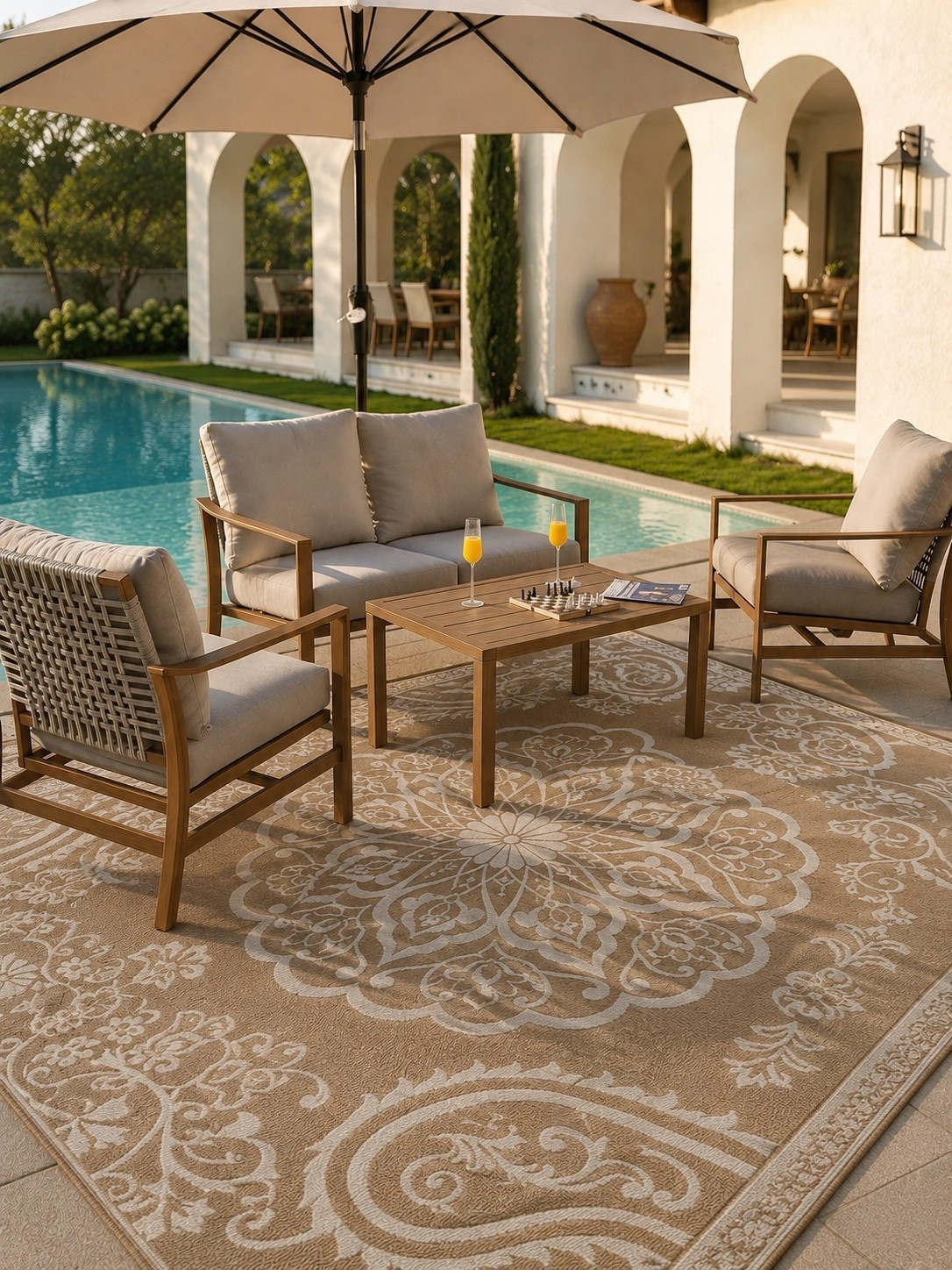 Poolside Patio Perfection 🌿☀️

This outdoor setup is giving luxury resort vibes right at home. From the beautiful patterned outdoor rug to the warm wood-accent seating and oversized umbrella, every piece works together to create a cozy, elevated space for relaxing by the pool, entertaining guests, or enjoying a slow summer afternoon outdoors.

Follow @farmtotablecreations on Instagram for more cozy home finds and trending decor.

Whether you’re refreshing your patio or creating your dream backyard retreat, these outdoor finds blend comfort, style, and durability beautifully. The neutral palette makes it easy to mix and match while creating a timeless look you’ll love season after season.

#LTKHome #LTKOutdoor #PatioDecor #OutdoorLiving #BackyardInspo #AmazonHome #SummerDecor #PoolsideStyle #OutdoorFurniture #CozyHome #BackyardGoals #HomeInspiration #OutdoorEntertaining #LTKFinds #FarmhouseStyle

#LTKSaleAlert #LTKHome
