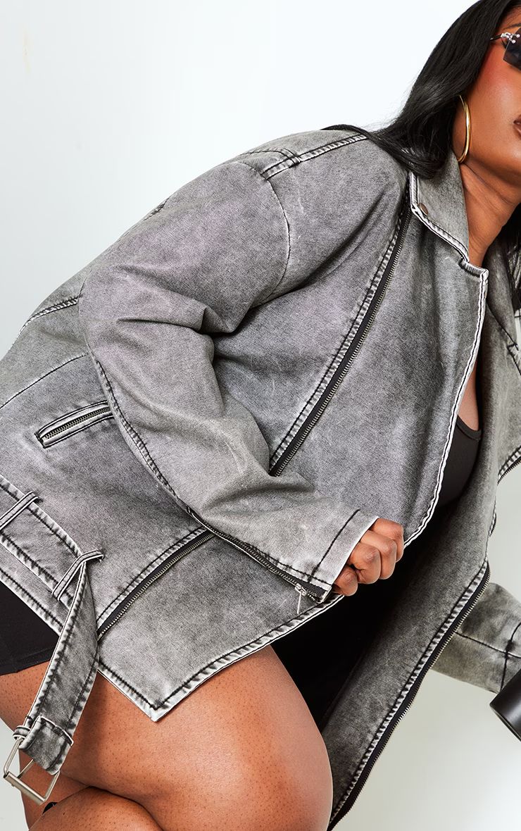 Plus Grey Distressed Look Faux Leather Longline Biker Jacket | PrettyLittleThing US