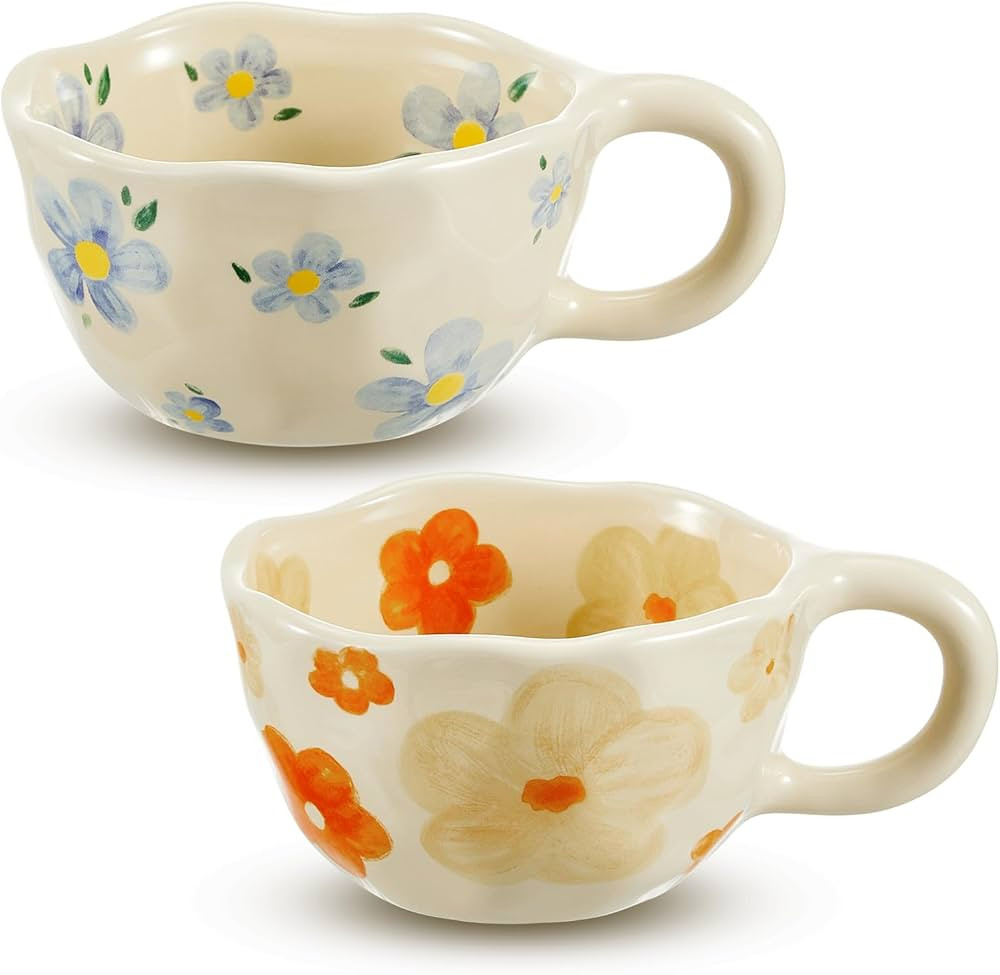 Vesici 2 Pcs Ceramic Coffee Mug Creative Flower Cup Floral Mug with Handles 8.5 oz Cute Aesthetic... | Amazon (US)