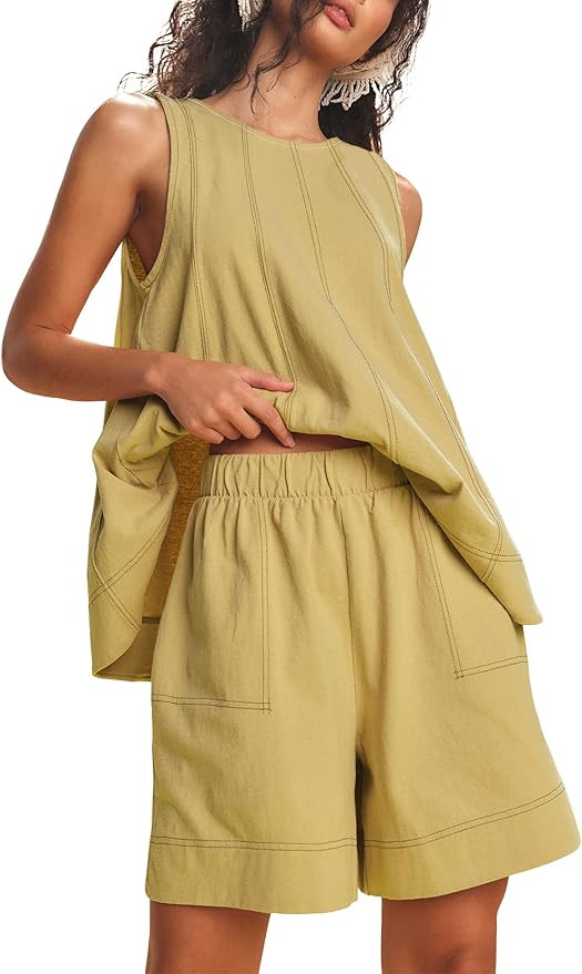 Womens 2 Piece Lounge Set Casual Summer Outfits Sleeveless Tank Top and Elastic Waist Shorts with... | Amazon (US)