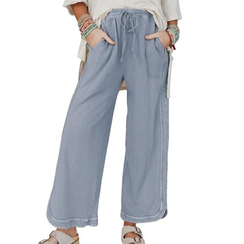 Hixiaohe Women's Casual Wide Leg Sweatpants High Waist Baggy Acid Wash Pants Drawstring Athletic Palazzo Pants with Pockets(Blue,XS) | Amazon (US)