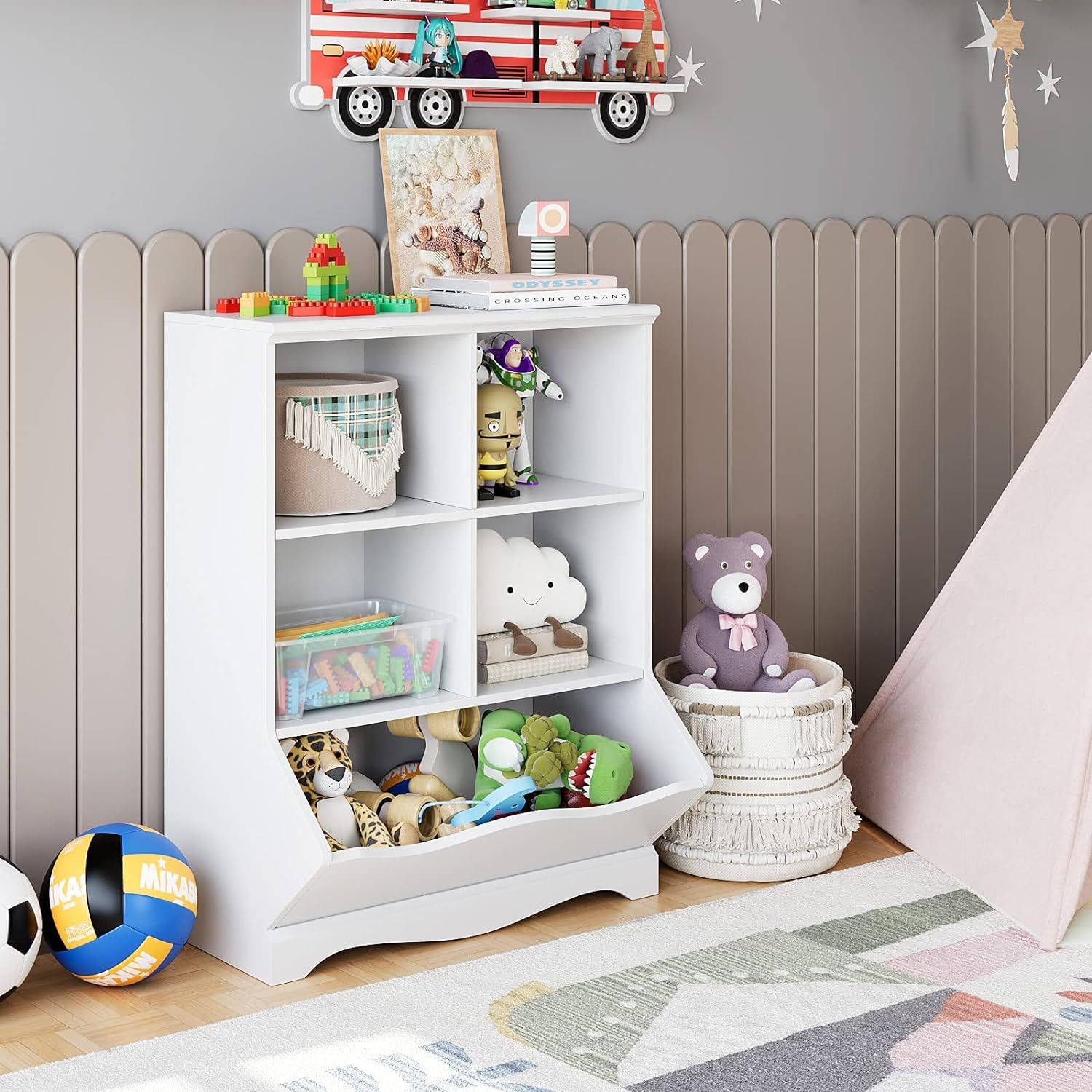 Toy Storage Cabinet, Kids Bookcase and Bookshelf, 5 Cubbies Toy Storage Display Organizer for Pla... | Amazon (US)