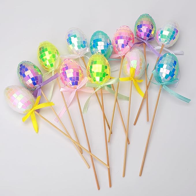 Easter Egg Picks, 12 Pack Disco Ball Glitter Easter Egg, Pastel Colors with Ribbons,Sparkle Eggs ... | Amazon (US)