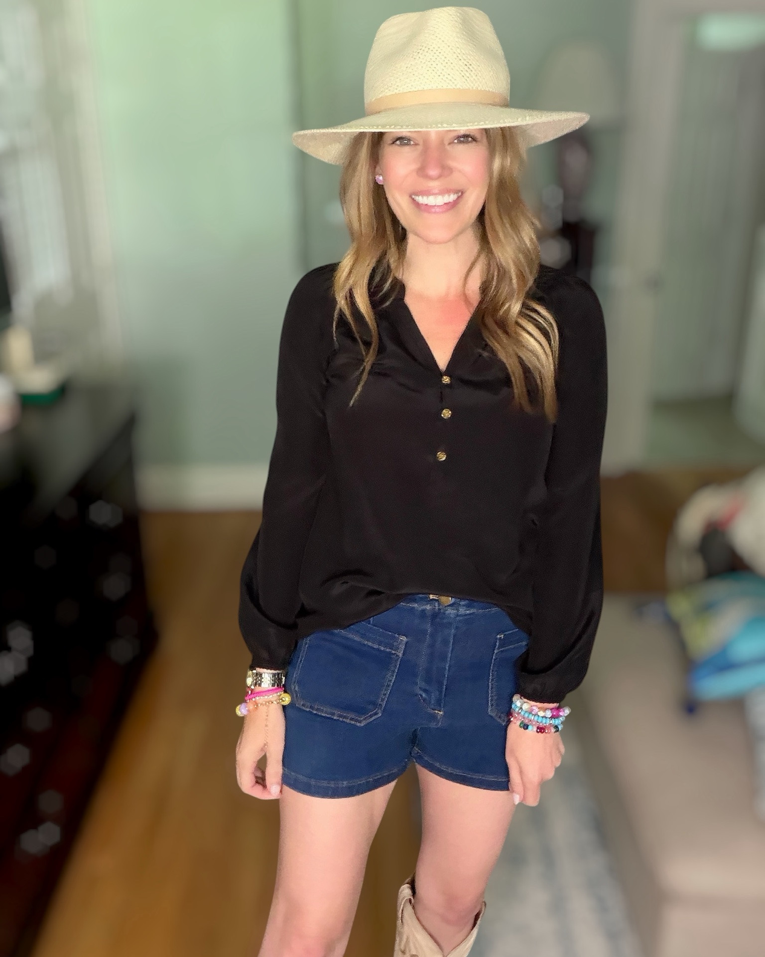 Black Top + Denim Shorts + Western Boots 🤠✨

A simple black blouse is one of the hardest-working pieces in your closet! Paired with dark wash utility shorts, neutral western boots, a woven hat, and colorful stacked bracelets, this outfit is equal parts classic and fun. Perfect for summer concerts, casual dinners, vacation days, or running errands in style. 🤍✨

I’m wearing the Lilly Pulitzer Elsa Silk Top, denim utility shorts, Dingo western boots, the Sherman hat, and layered colorful beaded bracelets for a playful pop of color. 🌈🤠

#LTKStyle #LTKFashion #SummerStyle #WesternChic #LillyPulitzer #CowgirlStyle #CasualOutfit #PreppyStyle #SummerOutfit #LTKFinds

#LTKOver40 #LTKPetite #LTKootd