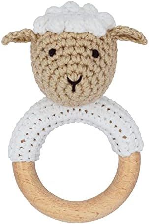 Joliecraft Natural Wooden Baby Rattle Soft Shaker Toy with Teething Ring for Infants Cream Lamb | Amazon (US)