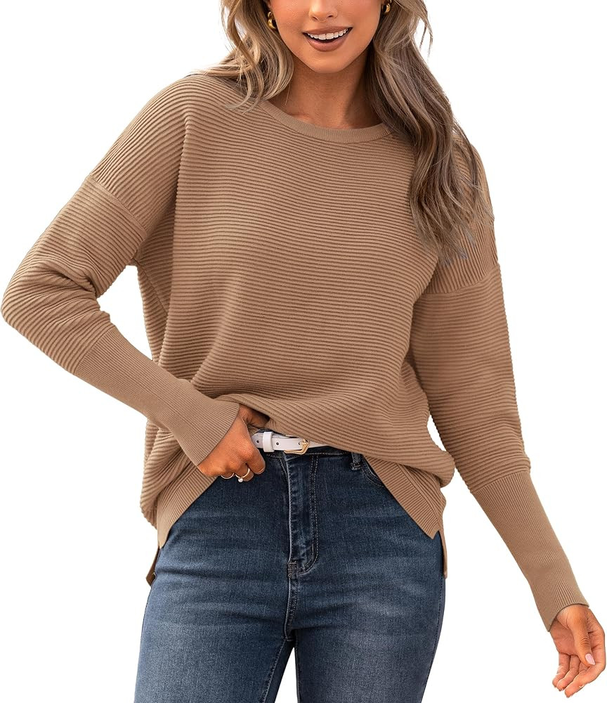 BTFBM Casual Women 2023 Fall Sweater Long Sleeve Ribbed Knit Pullover Loose Crewneck Batwing Split S | Amazon (US)