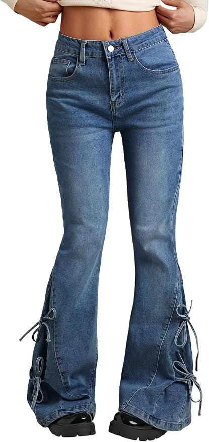 Women Bell Bottom Jeans Stretchy Flare Mid Rise Embroidery Vintage Denim Pants 90s Outfits Y2k Cl... | Amazon (US)