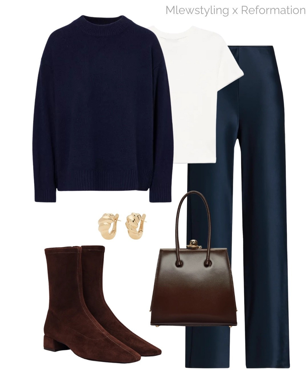 Navy blue & espresso brown 🤎

#Ad @reformation

Tags: elevated everyday outfit, winter look, early spring fashion, navy blue satin pants, wool crewneck sweater, white tee, suede ankle boots, brown leather handbag, gold earrings 

#LTKgrwm #LTKSeasonal #LTKootd