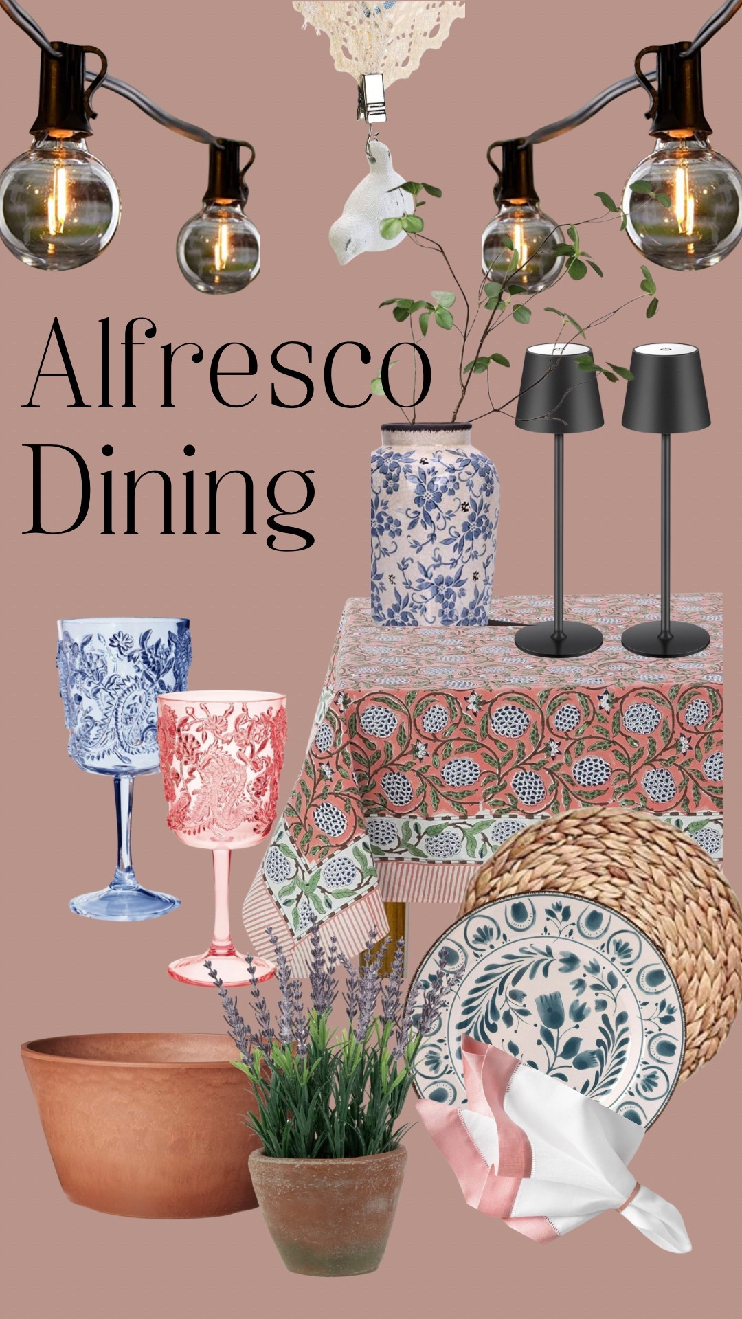 Alfresco dining inspiration for your next backyard gathering 🌿 A  print tablecloth sets the tone with soft pattern and color, layered with woven chargers, floral dinnerware, and classic cloth napkins.

Potted lavender and terra cotta add an earthy, relaxed vibe, while vintage-inspired goblets bring in a pop of charm. Complete the look with warm string lights and cordless table lamps for an inviting glow that lasts past sunset.

#alfrescodining #outdoorentertaining #tablescapestyling #summergatherings #bohotablescape #cottagestyledecor #blockprinttextiles #patiovibes #backyarddinnerparty #simpletablesetting #cozypatio #diningalresco #pottedplantsdecor #tableinspo #budgetfriendlystyle #gardenpartysetup

#LTKSeasonal #LTKSummerEdit #LTKHome