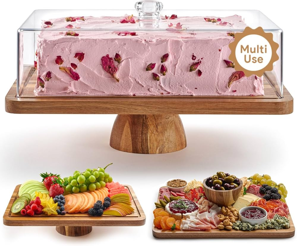 Acacia Wood Cake Stand with Lid - Rectangular Cake Holder, 2-in-1 Dessert Table Display Set & Cha... | Amazon (US)