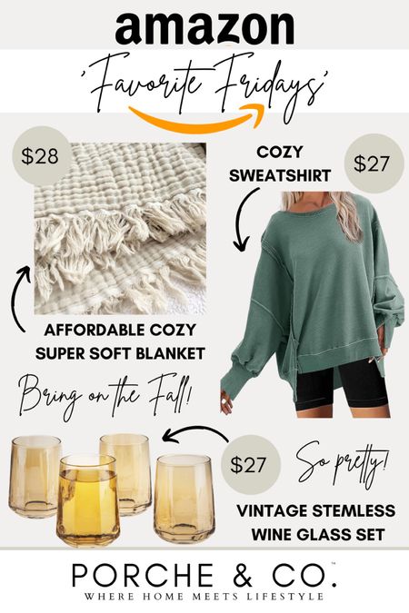 Amazon favorites for your home for the Fall 🍂 Cozy sweatshirt, stemless amber wine glasses, and an affordable organic muslin throw blanket! 🤍 #amazon #amazonfinds #sale

#LTKSale #LTKhome #LTKunder50