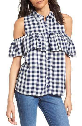 Women's Love, Fire Gingham Cold Shoulder Top, Size X-Small - Blue | Nordstrom