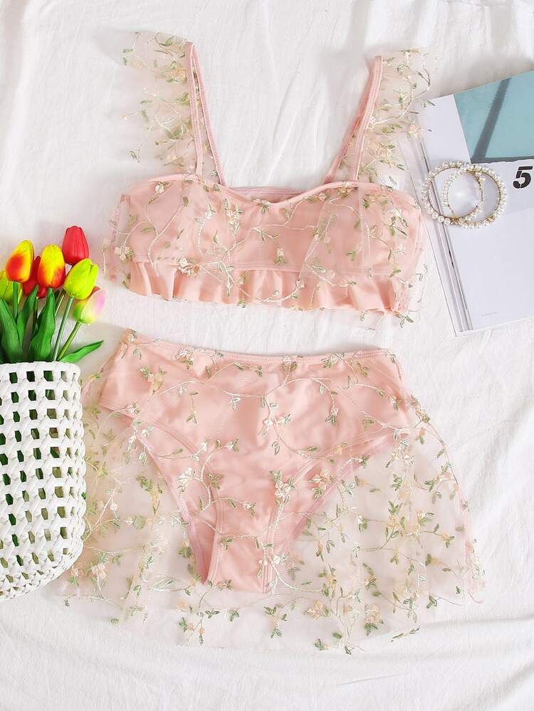 Floral Embroidered Mesh Bikini Swimsuit | SHEIN
