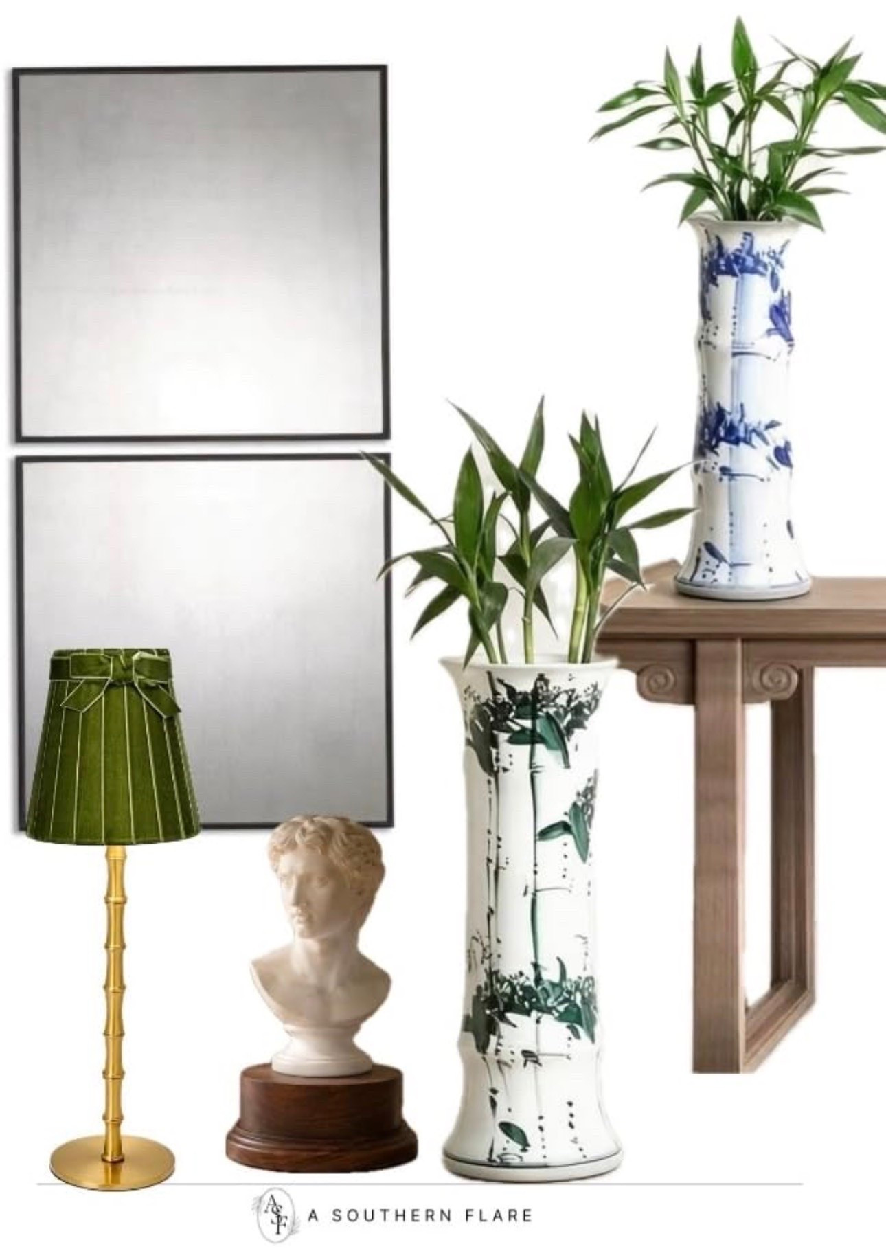 Transform your living space with these stunning decor pieces. Perfect for any home! #HomeDecor #LivingRoomStyle/ framed mirrors/ lamp/ lamp shades, vases/ Home accessories