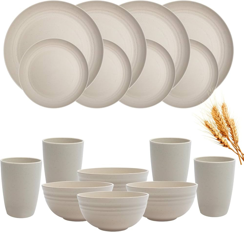Wheat Straw Dinnerware Sets for 4, Dishes Set 16 piece, Unbreakable Plates, Bowls, Cups Sets for ... | Amazon (US)