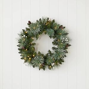 Glistening Mountain Pine 24" Wreath with Pinecones, White Berries Warm LED Lights | Amazon (US)