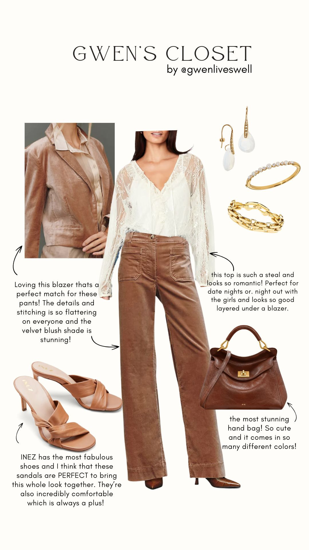 Velvet + lace = the ultimate Fall luxe combo 🤎
This outfit is giving romantic, elevated, and cozy chic — I’m obsessed with how this velvet blazer pairs perfectly with wide-leg pants and soft lace details.
Add gold jewelry, heeled sandals, and a structured bag for that effortlessly polished look.

#falloutfitideas #ltkfashion #neutralstyle #falloutfitinspo #velvetblazer #laceblouse #fallstyle2025 #ltkfinds #romanticstyle #gwenliveswell 

 

#LTKSeasonal #LTKOver40 #LTKFindsUnder100