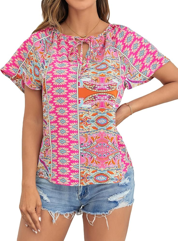SOLY HUX Women's Boho Floral Print Tie Neck Butterfly Sleeve Summer Blouse Top | Amazon (US)