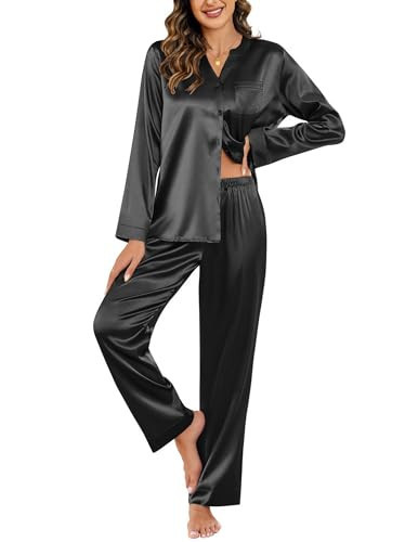 Ekouaer Silk Pajamas For Women 2 Piece Set Satin Pjs Long Sleeve Button Up Sleepwear Comfy Lounge sets Black | Amazon (US)