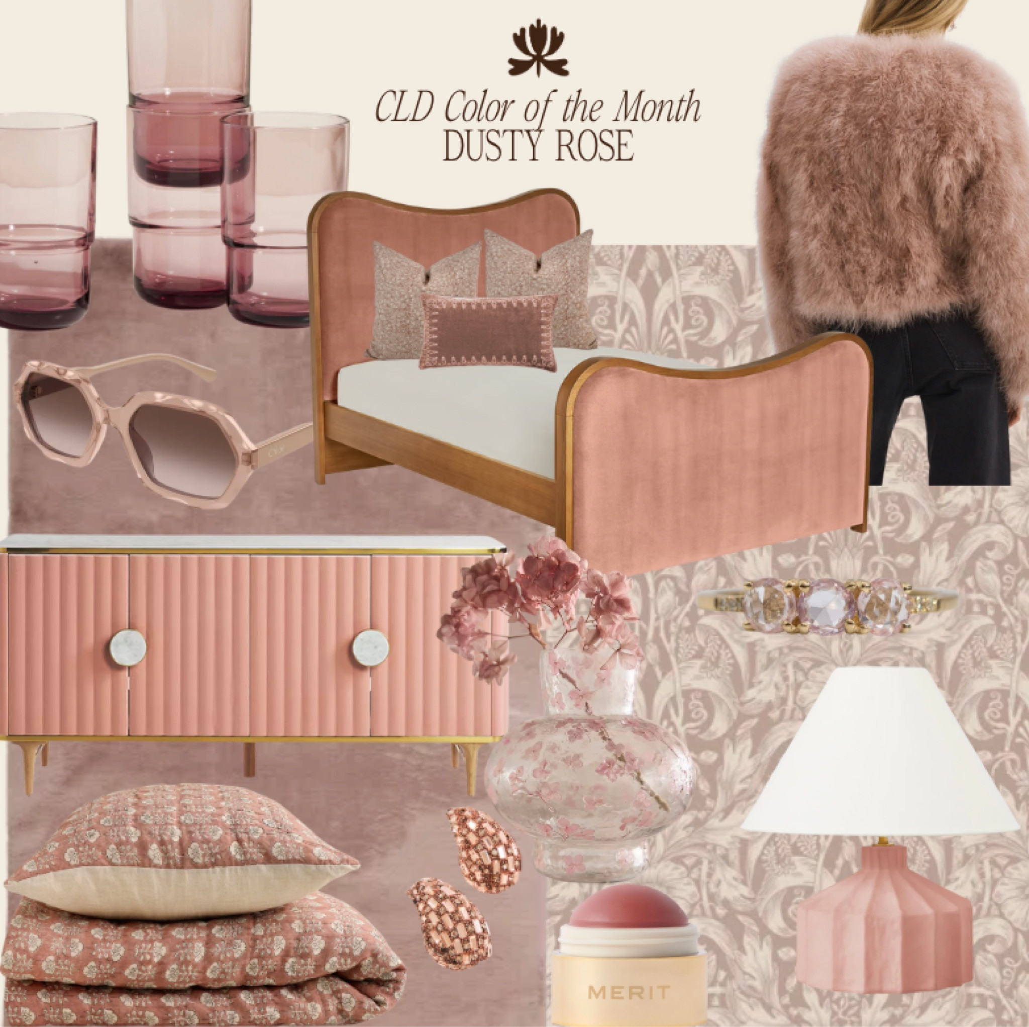 Dusty Rose effortlessly bridges bold and soft, making it a versatile choice for both statement pieces and subtle accents. This romantic shade is perfect for Valentine’s Day—think plush textures like a velvet bed for cozy evenings, or a pink floral vase to hold freshly gifted blooms. Whether dressing up for a special date night with pink pavé earrings or hinting at a gift idea like a rose-cut diamond ring, Dusty Rose sets the tone for the season. From tonal wallpaper to block print bedding, this hue blends romance and refinement in every setting.
