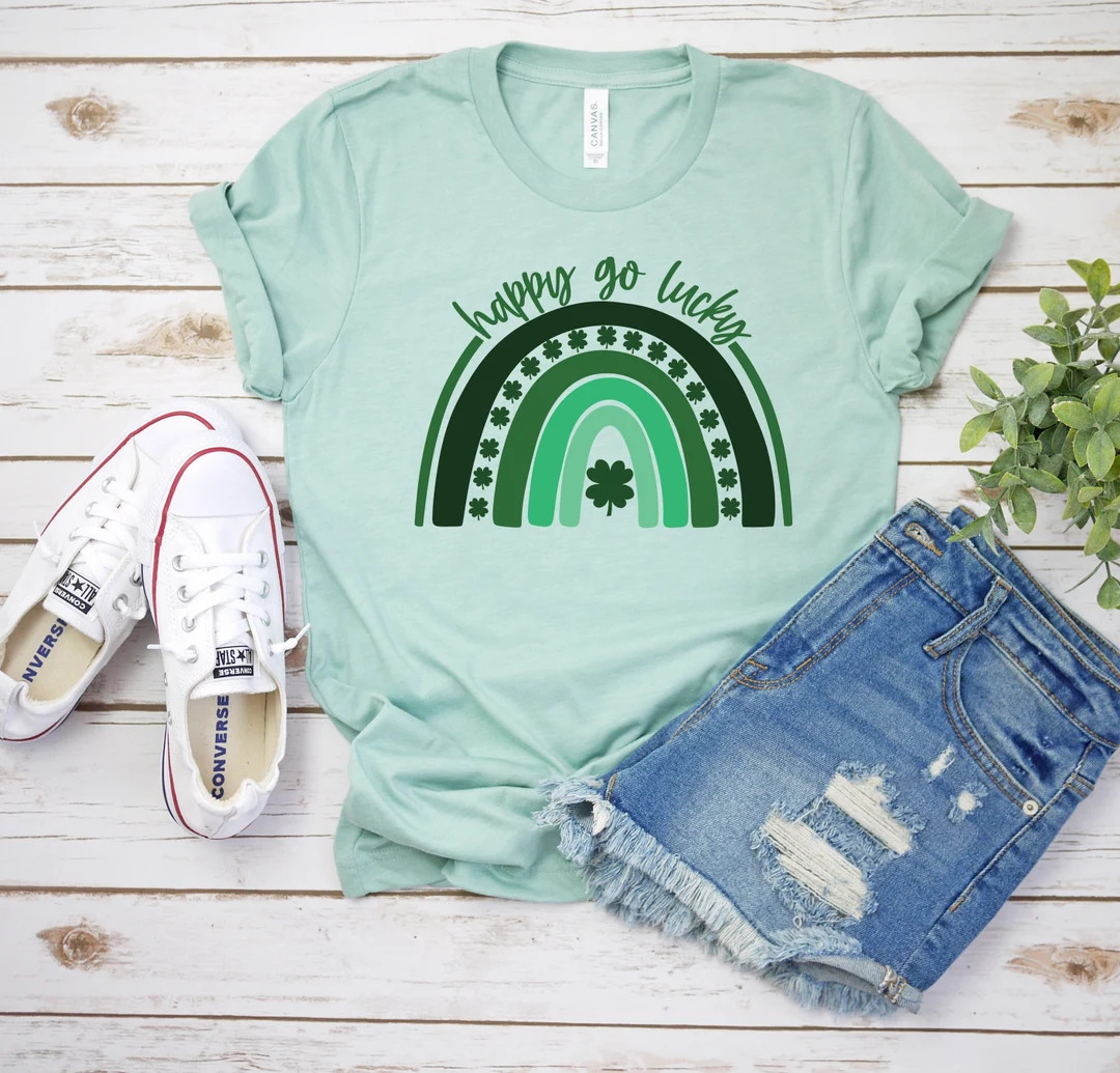 Rainbow Shirt, Happy Go Lucky tee, St Pattys Shirt, Lucky T-Shirt, St Patrick's Day Tee, St Patty... | Etsy (US)