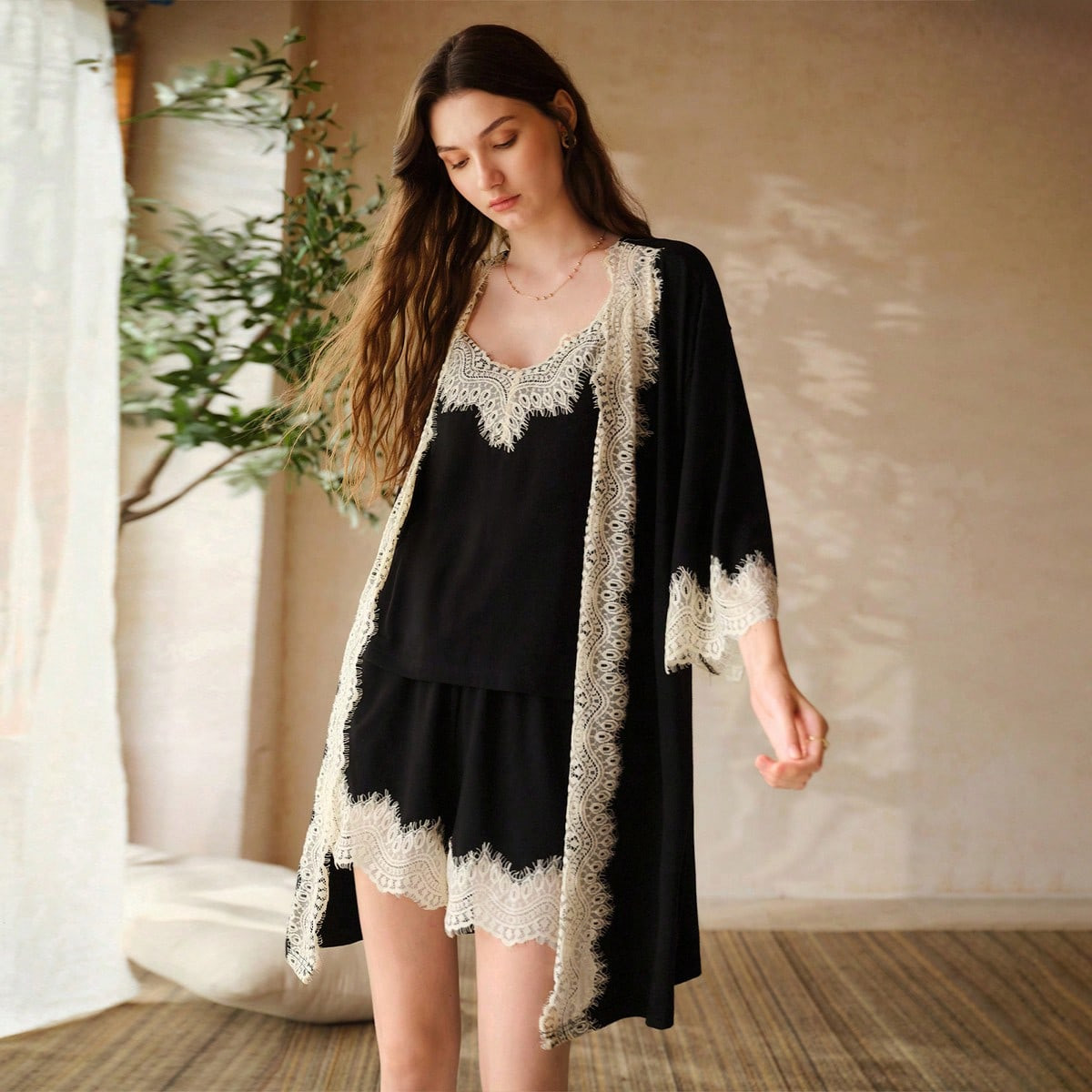 MOTF PREMIUM LACE PATCHWORK MODAL CAMISOLE TOP & SHORTS PAJAMA SET, SPRING/SUMMER | SHEIN