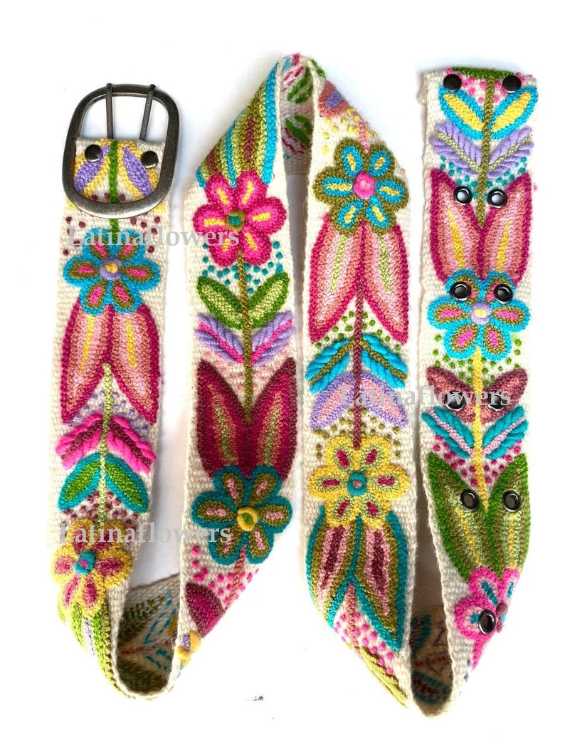 Hand Embroidered Belts Floral White/fuchshia Colorful Peruvian Embroidered Belt Floral Ethnic Bel... | Etsy (US)