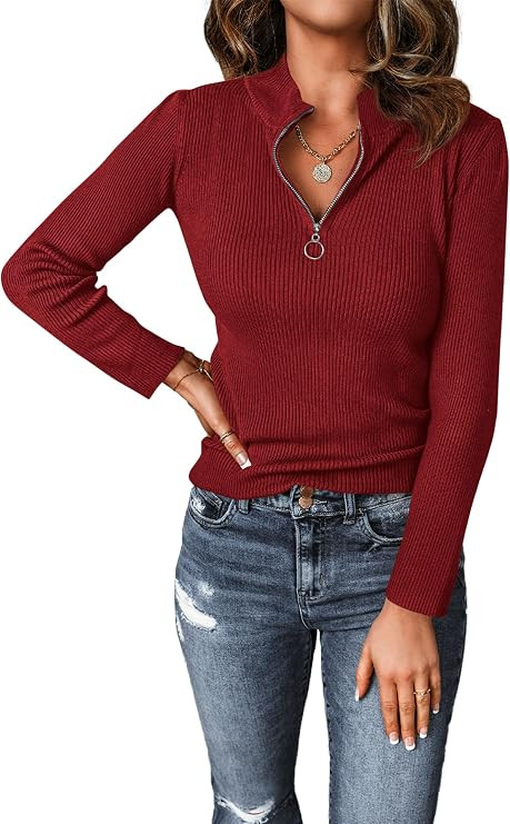 PRETTYGARDEN Womens Quarter Zip Mock Neck Rib Fitted Sweaters | Amazon (US)