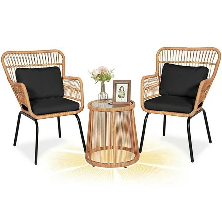 Tappio 3-Piece Patio Conversation Bistro Set Rattan Furniture, Outdoor Patio Set w/Solar Light Glass Top Table & Cushions for Garden Balcony Backyard Poolside, Yellow/Black | Walmart (US)