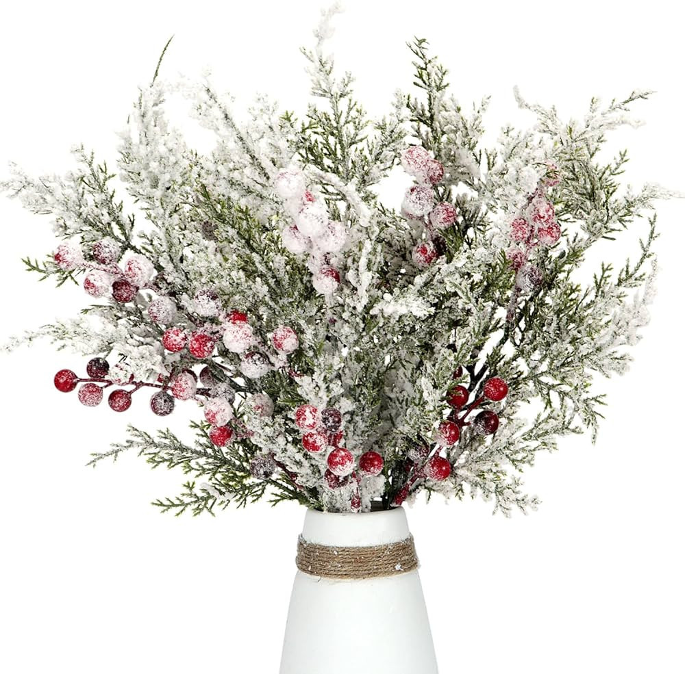 3 Pcs Snowy Artificial Cedar Picks Stems, 16'' Christmas Frosted Faux Cedar Berry Spray Christmas... | Amazon (US)