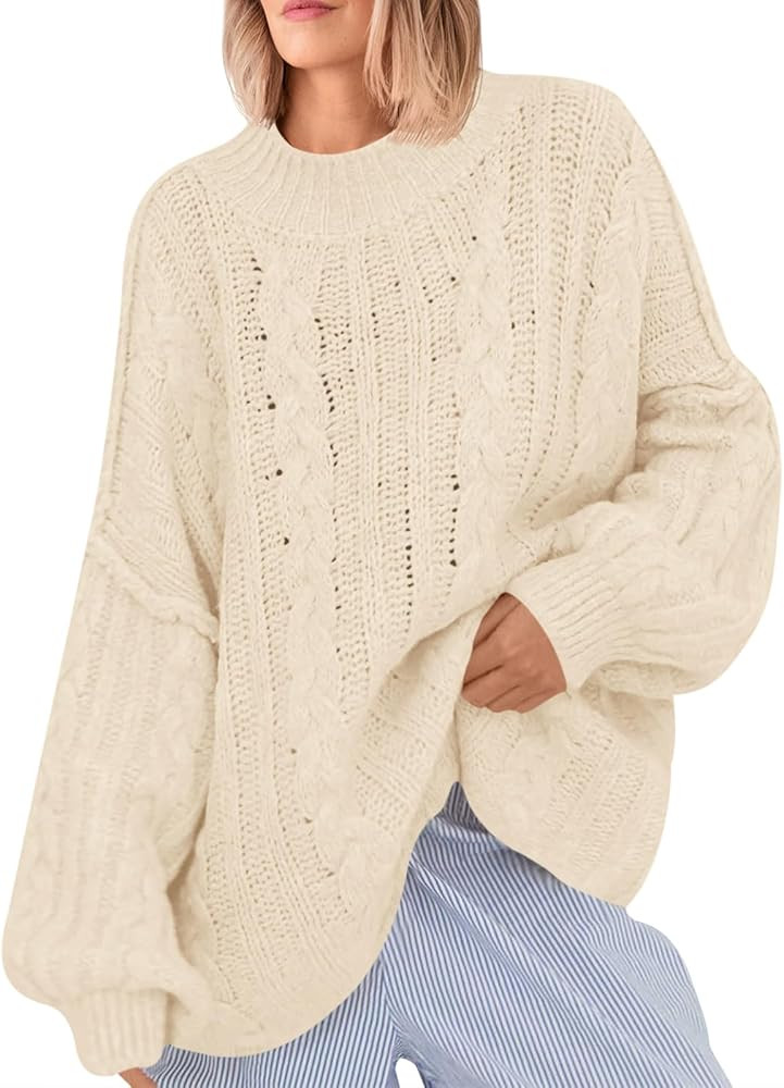 Saodimallsu Womens Oversized Sweaters Chunky Cable Knit Crew Neck Casual Long Lantern Sleeve Fall... | Amazon (US)