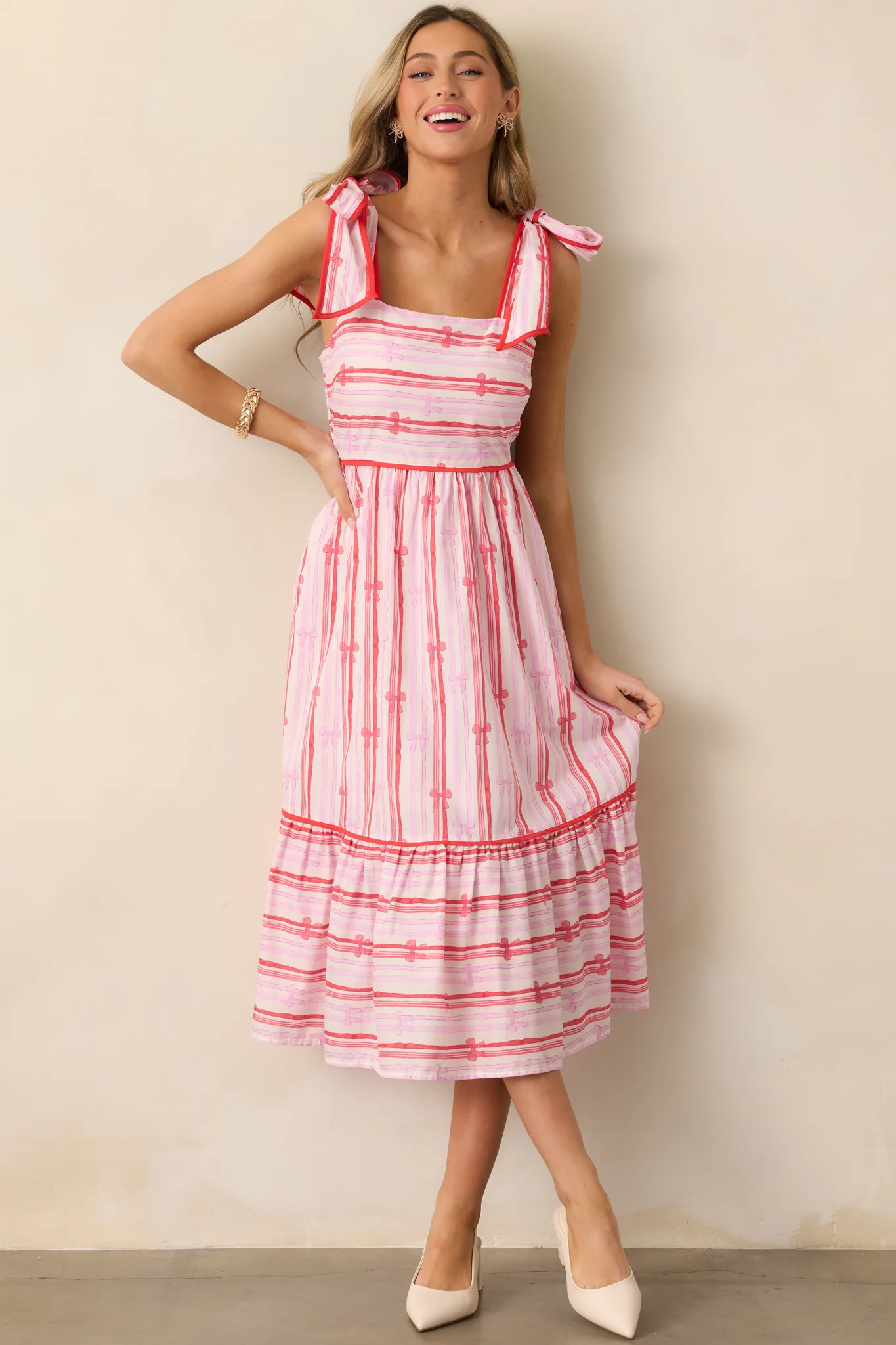 Through The Fields Pink Multi Stripe Cotton Midi Dress | Red Dress