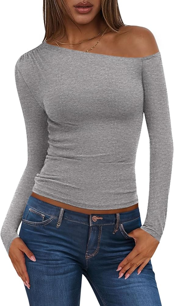 PRETTYGARDEN Womens Long Sleeve Shirts 2025 Fall Off The Shoulder Going Out Tops Ruched Tight Fit... | Amazon (US)