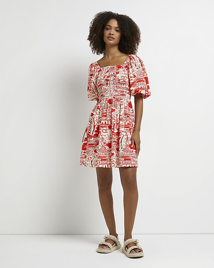 Red printed smock mini dress | River Island (UK & IE)