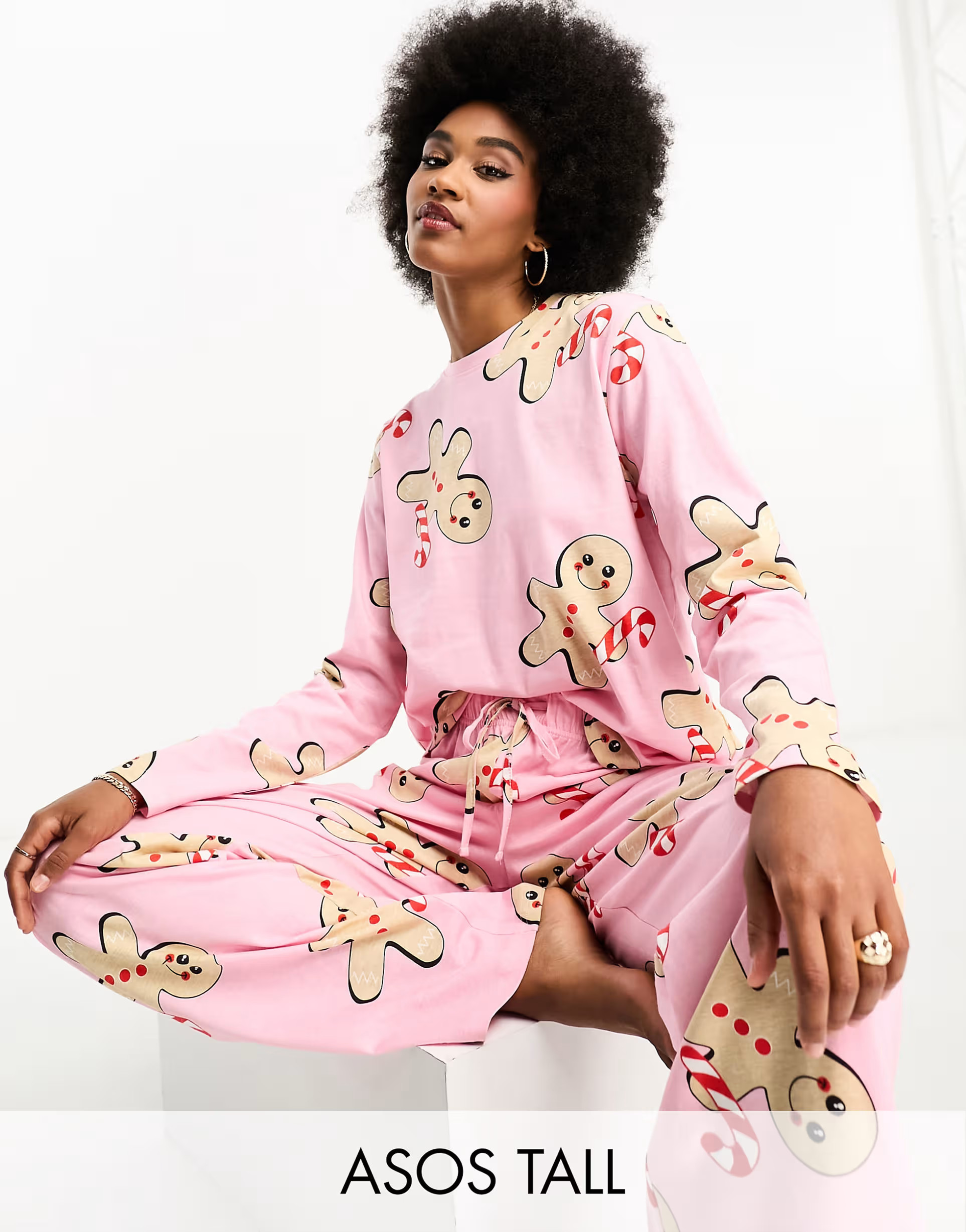 ASOS DESIGN Tall Christmas gingerbread long sleeve top & pants pajama set in pink | ASOS (Global)