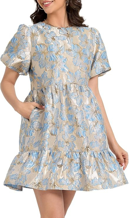 Ladyful Women's Floral Jacquard Mini Dress Short Puff Sleeve Tiered A-Line Dress Summer Elegant S... | Amazon (US)