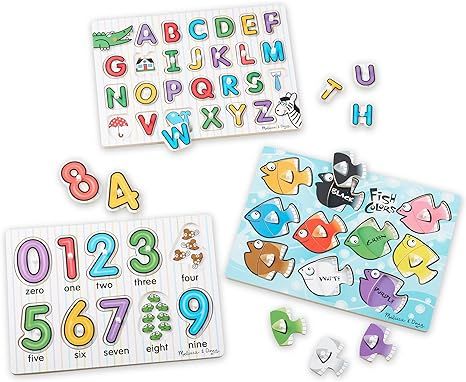 Melissa & Doug Classic Wooden Peg Puzzles (Set of 3) - Numbers, Alphabet, and Colors - Toddler Le... | Amazon (US)