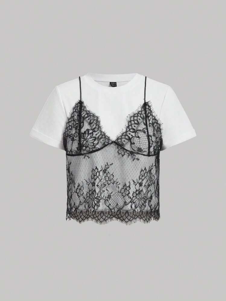 SHEIN MOD Summer White Lace Spliced Round Neck Short Sleeve T-Shirt (2 In 1),White T-Shirt And Black Lace Tank Set For Party, Wedding Guest, Holiday, Streetwear, Layered, Floral Mesh, Casual, Soft , Cropped, Slim, Chic Detail, Youthful, Statement Piece, Daily Look, Contrast Color | SHEIN