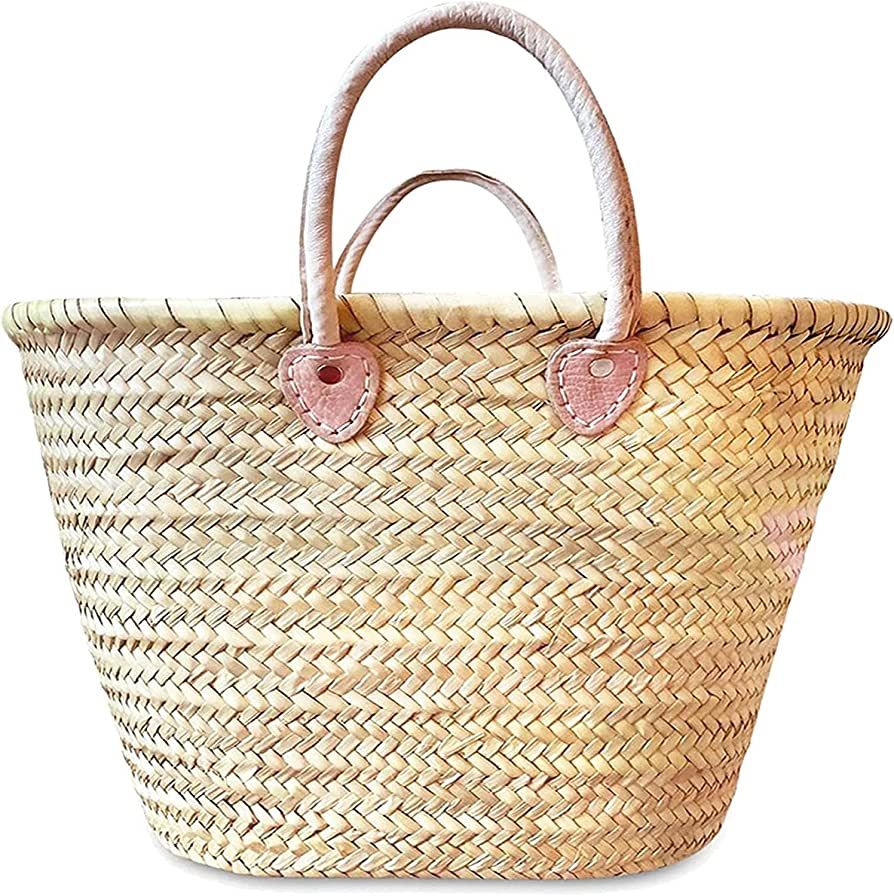 AnewStraw Basket Straw Market Basket bag with Long Natural Leather Handles - French Style Shoppin... | Amazon (US)