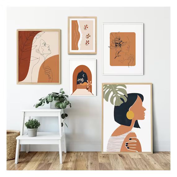 Boho Art Set of 5 Prints, Mid Century Modern One Line Woman Face Gallery Wall Set, Living Room De... | Etsy (US)