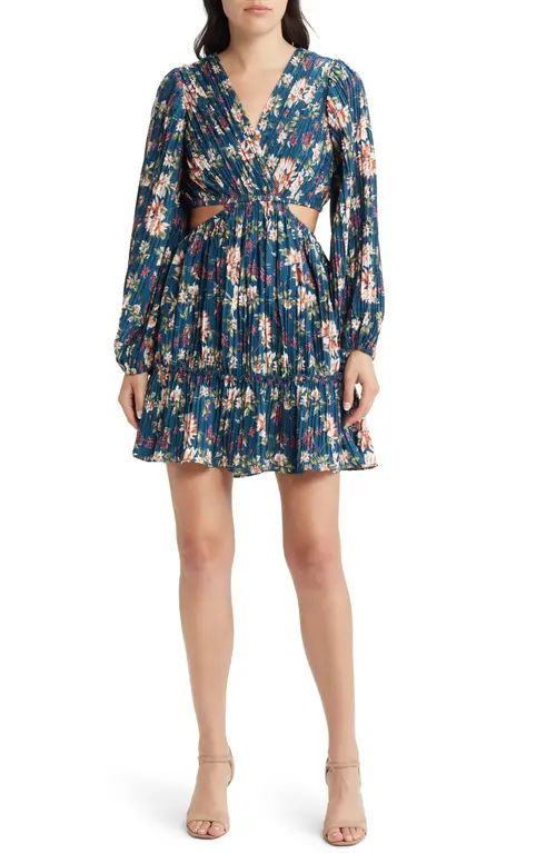 FLORET STUDIOS Floral Side Cutout Long Sleeve Dress in Teal Floral at Nordstrom, Size Small | Nordstrom