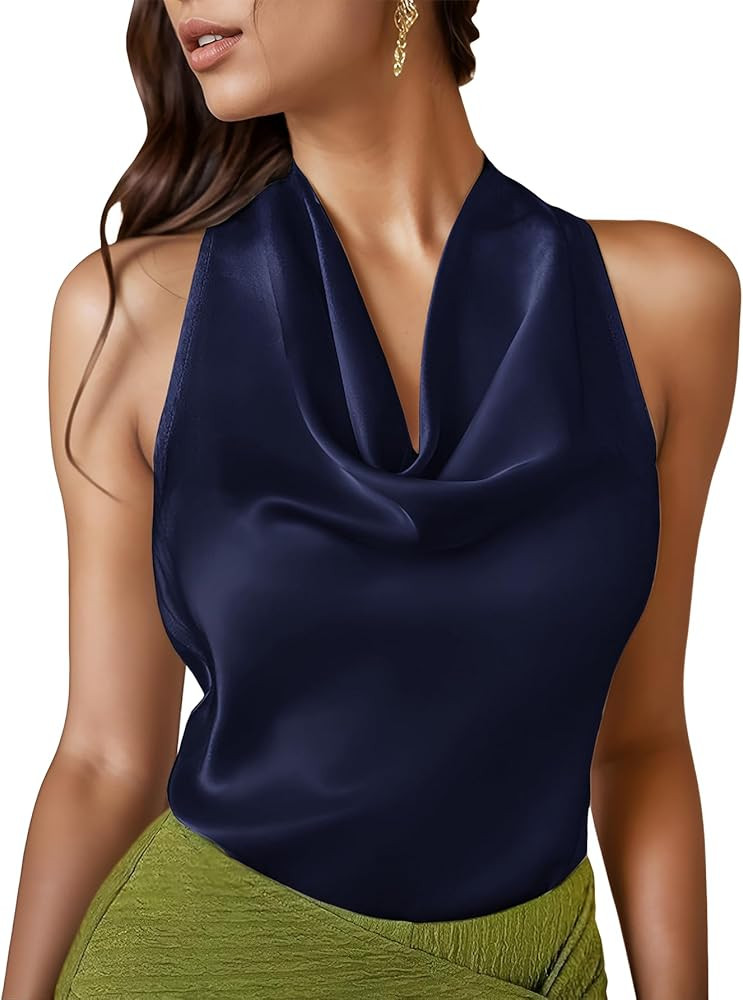 Cowl Neck Halter Tops for Women Silk Satin Going Out Tank Top Trendy Summer Camisole Business Cas... | Amazon (US)