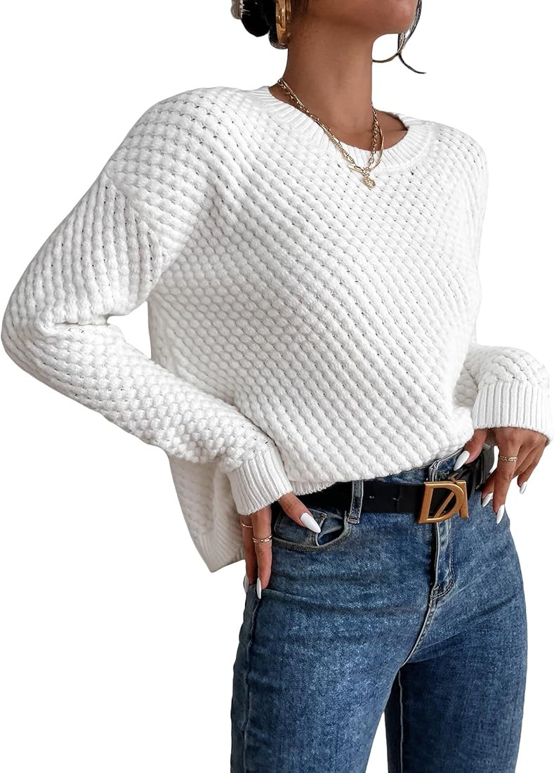 Verdusa Women's Drop Shoulder Round Neck Sweater Long Sleeve Solid Pullover Top | Amazon (US)