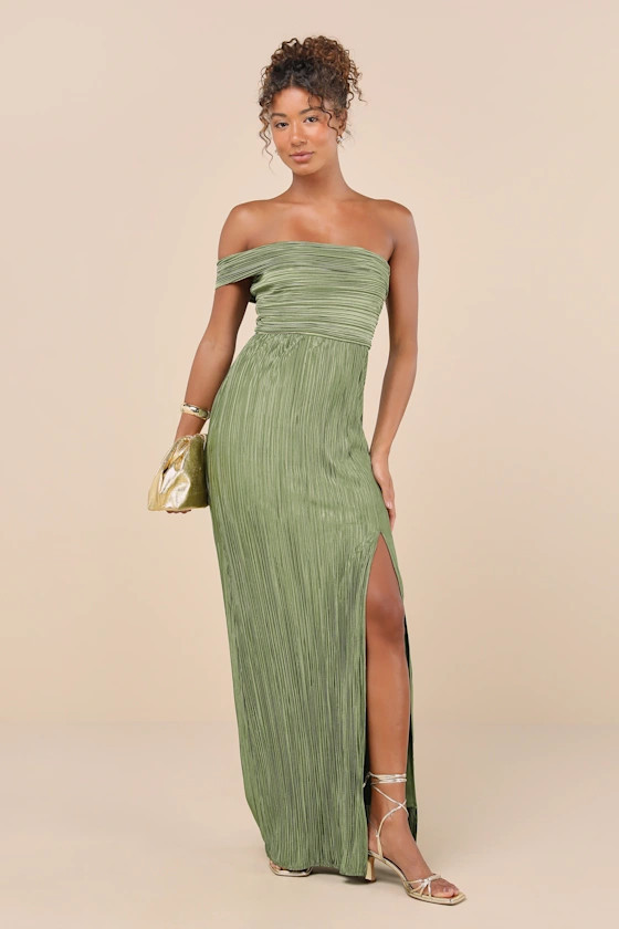 Poised Performance Olive Green Plisse One-Shoulder Maxi Dress | Lulus