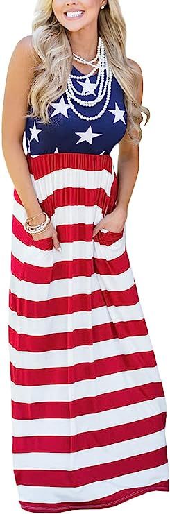 For G and PL Women's 4th of July American Flag Sleeveless Tank Maxi Dress with Pockets | Amazon (US)