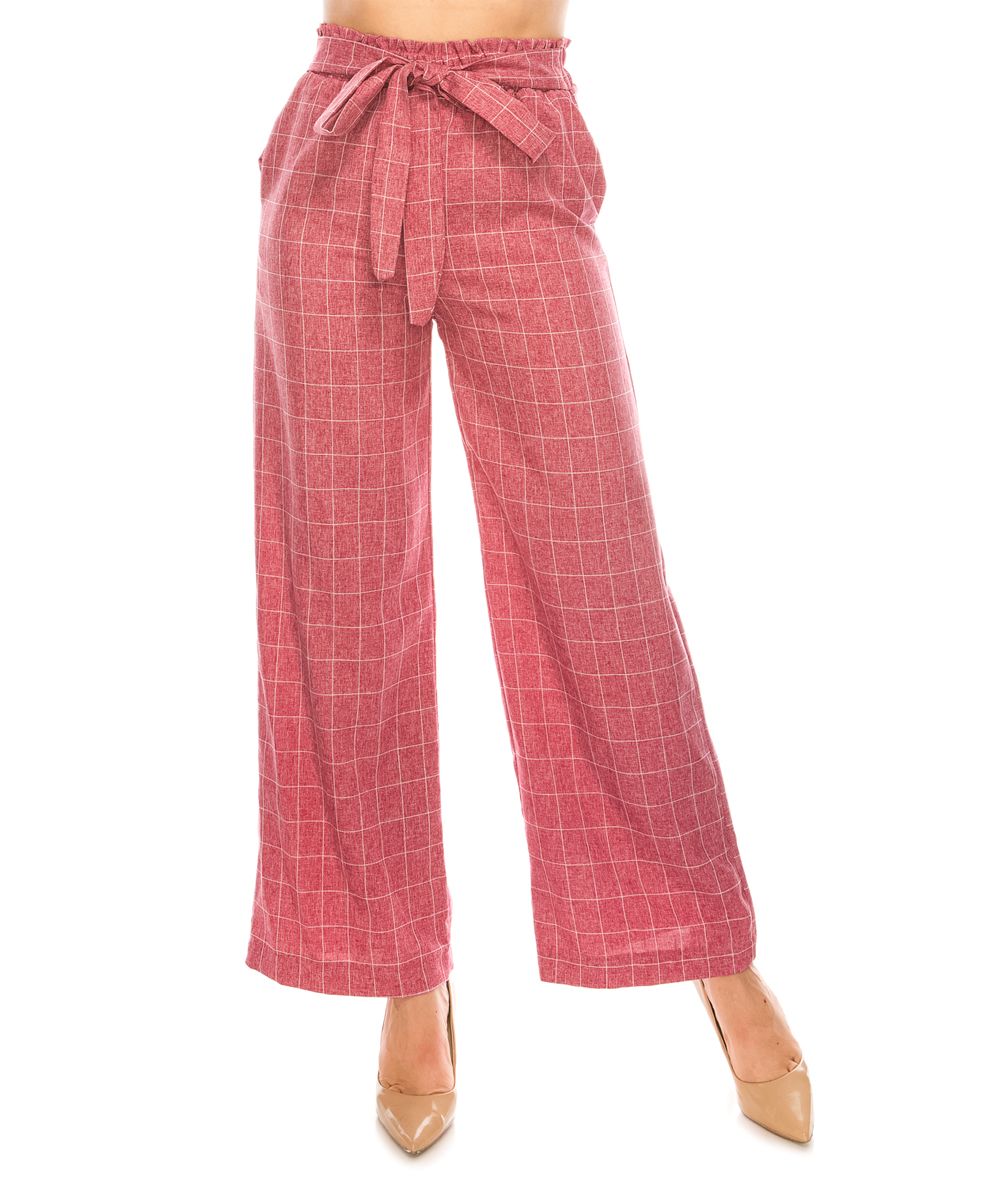 Pink Plaid Tie-Waist Palazzo Pants - Women | zulily