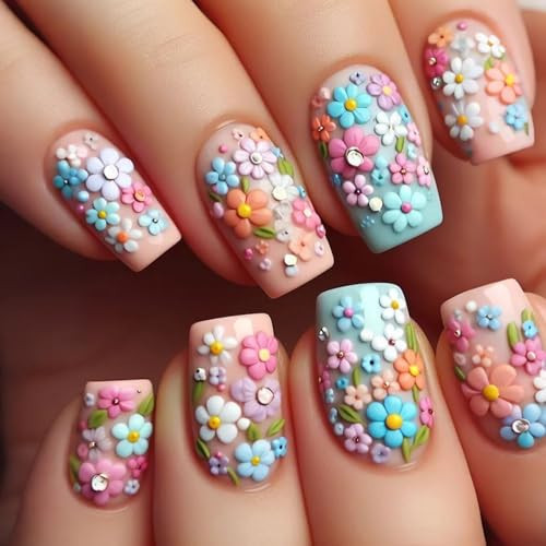 MMNHJHUT 24Pcs Colorful 3D Flower Press-on Nails Medium Square ABS Resin False Nails with Rhinestone Design for Women Girls Spring Summer Nail Art | Amazon (US)